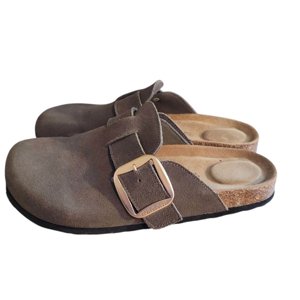 Women’s Brown Suede Slide Clogs with Buckle - Picture 3 of 8